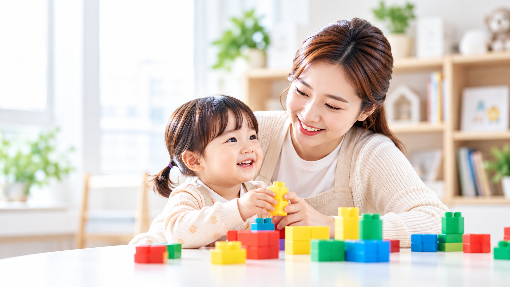 블록 놀이를 함께하는 여성과 아이